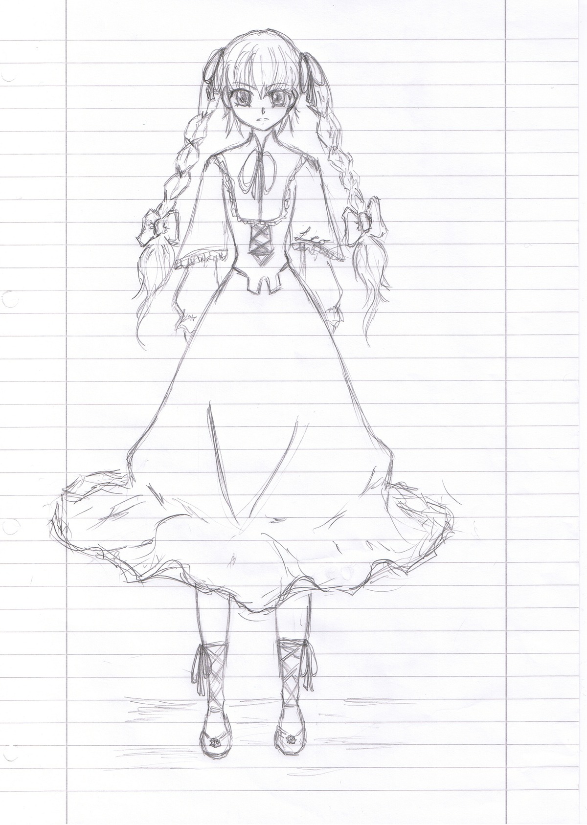 1girl bow braid dress full_body image long_hair long_sleeves looking_at_viewer monochrome ribbon shinku sketch solo standing twin_braids