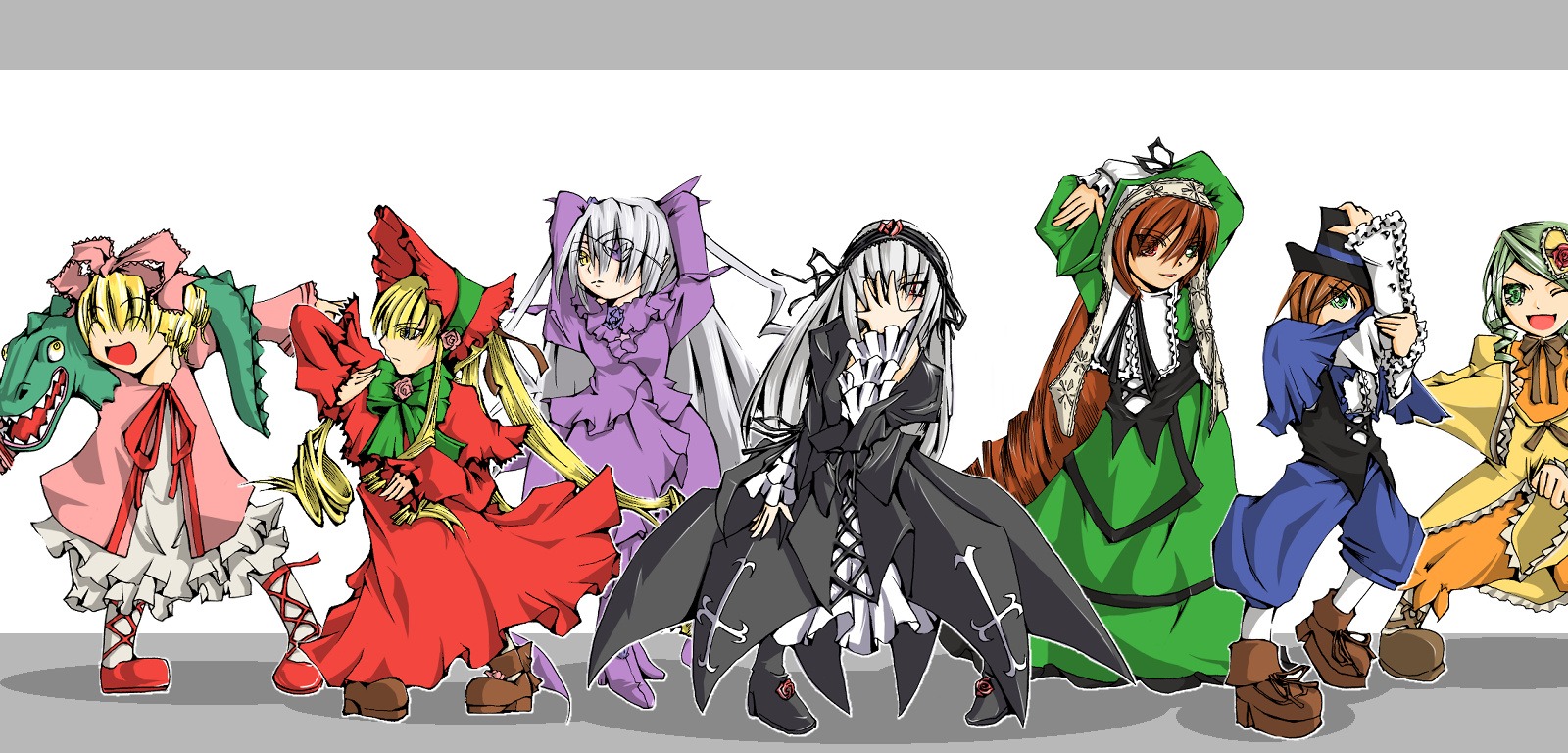 6+girls blonde_hair bow brown_hair dress drill_hair frills full_body green_eyes green_hair head_scarf hina_ichigo image kanaria long_hair long_sleeves multiple multiple_girls open_mouth pink_bow red_dress shinku silver_hair souseiseki suigintou suiseiseki tagme very_long_hair wings