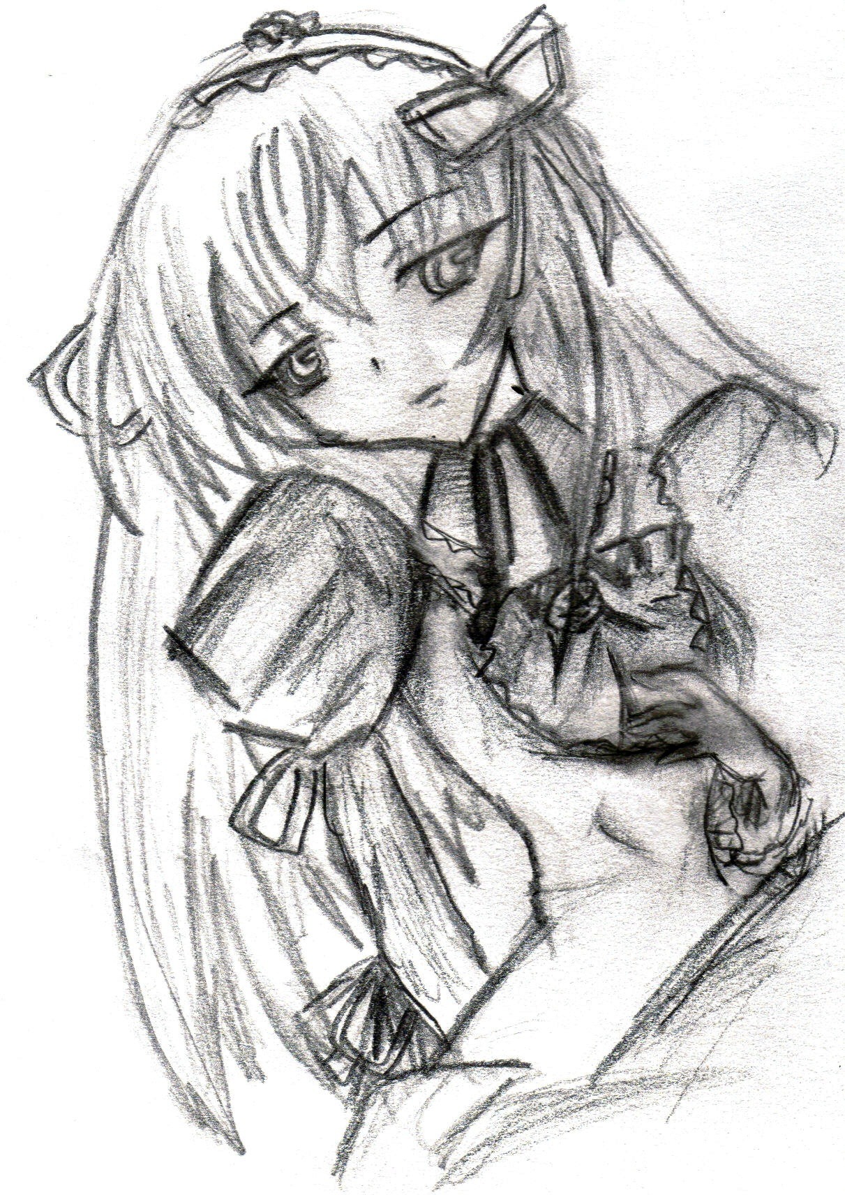 1girl bow bowtie greyscale hairband image lolita_hairband long_hair looking_at_viewer monochrome simple_background sketch solo suigintou traditional_media upper_body white_background