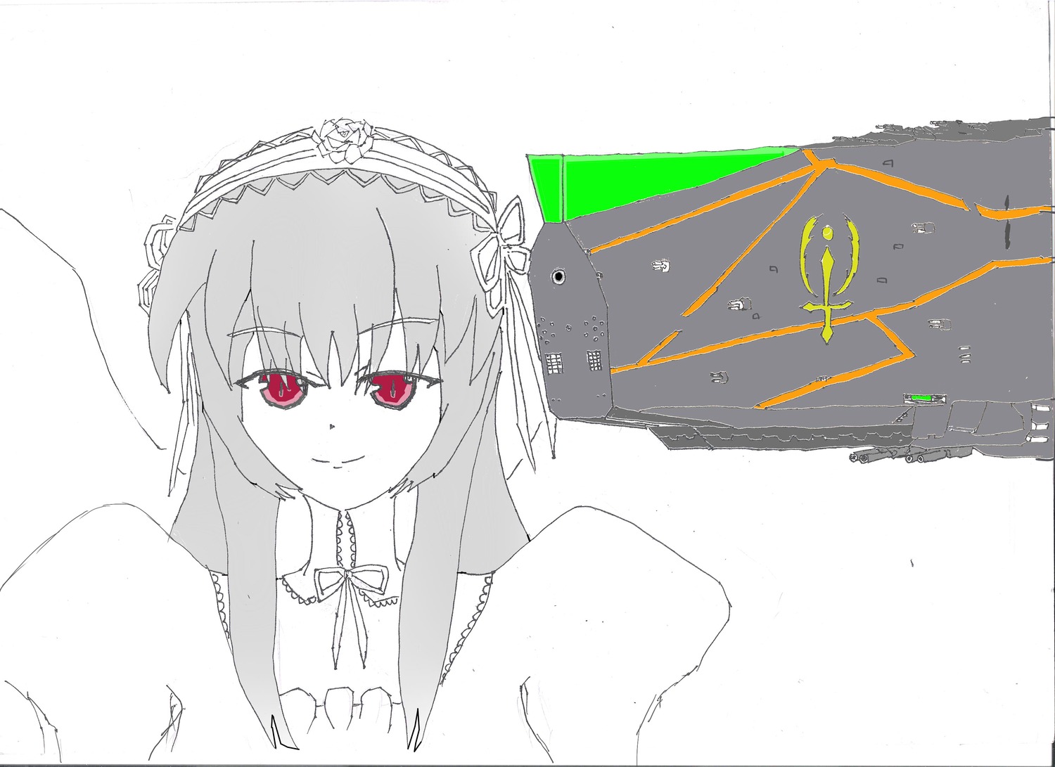 1girl bangs closed_mouth detached_collar dress eyebrows_visible_through_hair frills hairband image long_hair looking_at_viewer red_eyes ribbon smile solo suigintou upper_body white_background wings