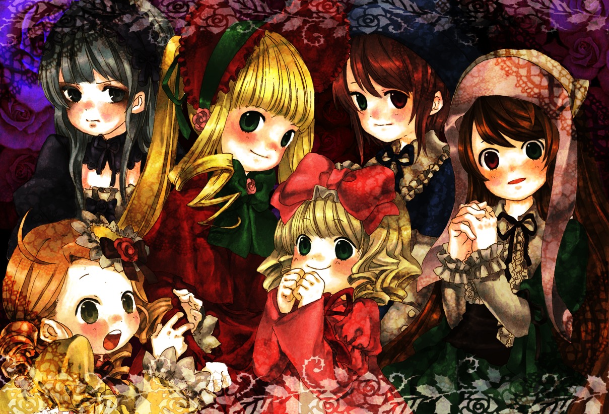 6+girls blonde_hair blue_eyes blush bonnet bow brown_hair commentary_request doku_imouto_ko dress drill_hair flower hair_bow hair_ornament hairband hat heterochromia hina_ichigo holding_hands image kanaria long_hair long_sleeves multiple multiple_girls open_mouth own_hands_clasped own_hands_together pink_bow red_eyes rozen_maiden shinku siblings sisters smile souseiseki suigintou suiseiseki tagme twins twintails