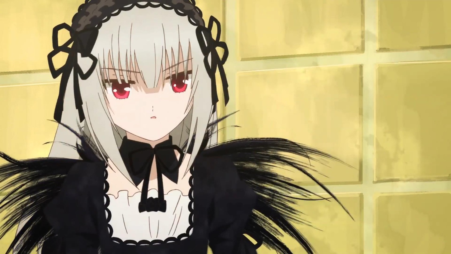 1girl bangs black_dress black_ribbon black_wings closed_mouth detached_collar dress eyebrows_visible_through_hair hair_between_eyes hairband image long_hair long_sleeves looking_at_viewer red_eyes ribbon silver_hair solo suigintou wings