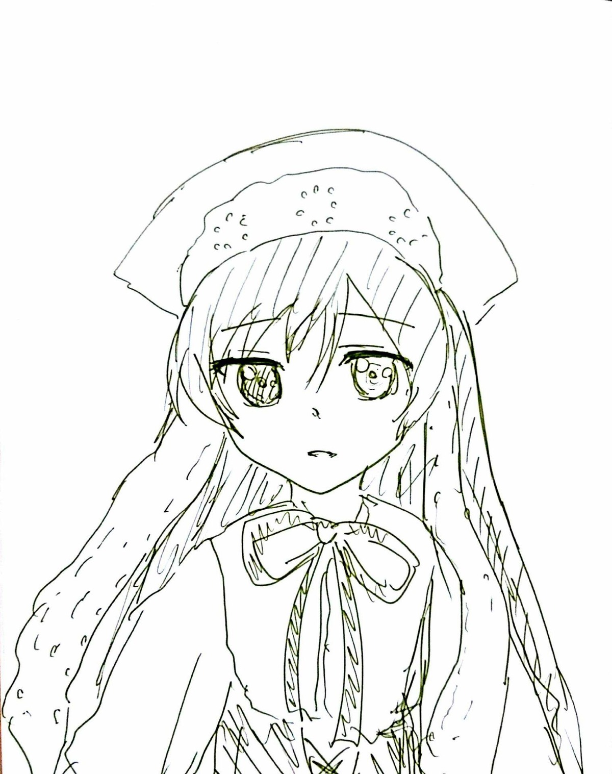 1girl bangs eyebrows_visible_through_hair hat image long_hair long_sleeves looking_at_viewer monochrome ribbon solo striped suiseiseki upper_body vertical_stripes