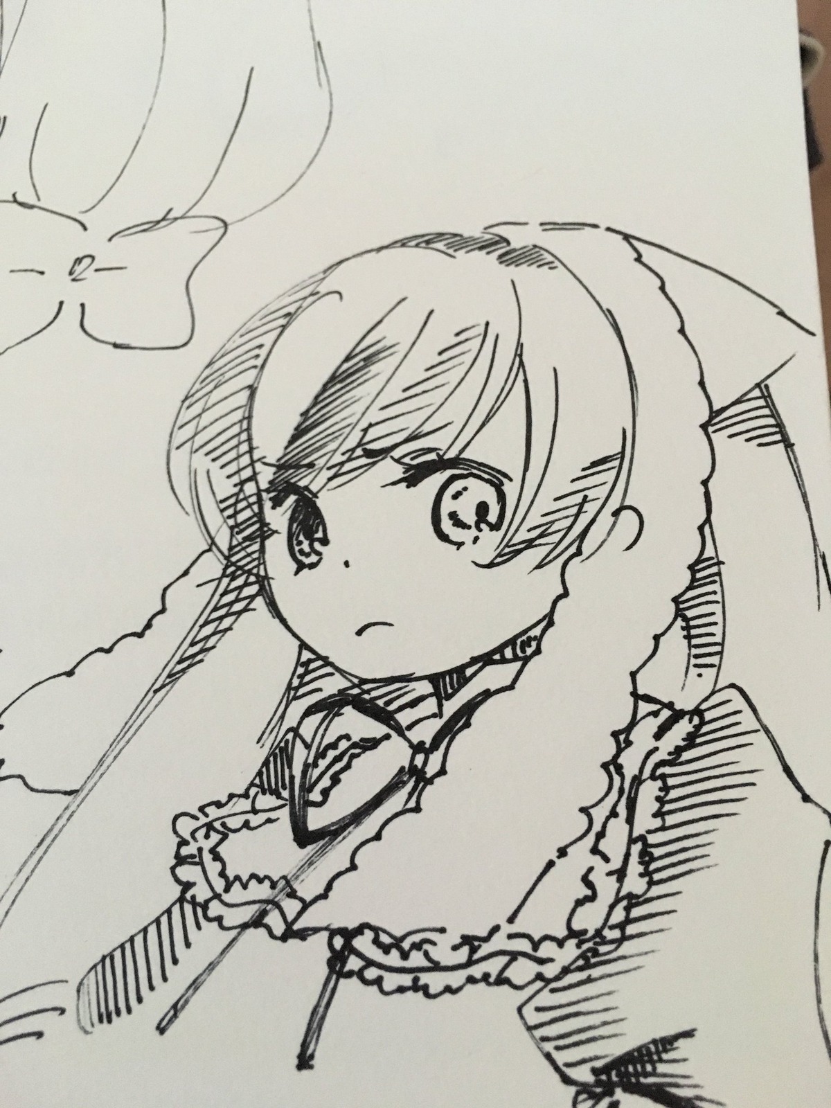 1girl bangs closed_mouth eyebrows_visible_through_hair frills fur_trim greyscale image long_sleeves looking_at_viewer monochrome photo solo suiseiseki traditional_media upper_body