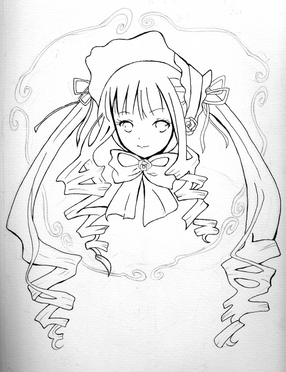 1girl bangs blush bonnet bow bowtie dress drill_hair greyscale hat image long_hair long_sleeves looking_at_viewer monochrome ribbon shinku sidelocks simple_background smile solo traditional_media twin_drills twintails upper_body white_background