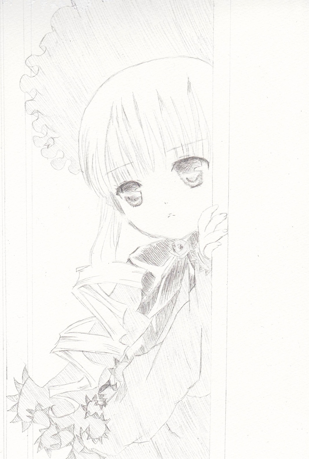 1girl greyscale image long_hair looking_at_viewer monochrome shinku simple_background solo traditional_media