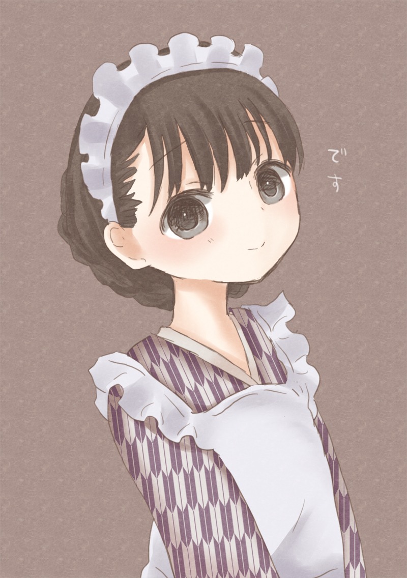 1girl apron bangs blush braid brown_background closed_mouth eyebrows_visible_through_hair frilled_apron frills human japanese_clothes kimono looking_at_viewer maid_headdress smile solo striped wa_maid yagasuri