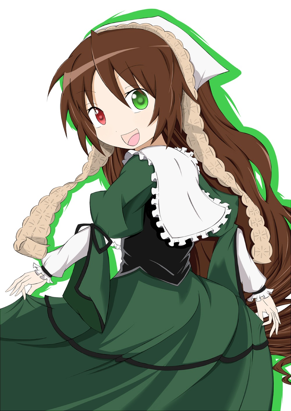 1girl :d brown_hair dress frills green_dress green_eyes head_scarf heterochromia image long_hair long_sleeves looking_at_viewer looking_back open_mouth red_eyes smile solo suiseiseki very_long_hair