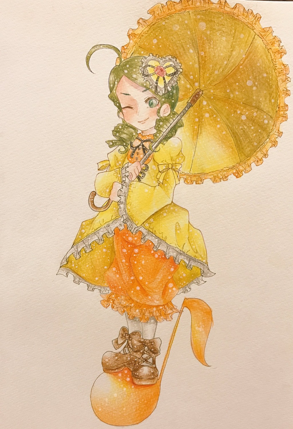 1girl ;) ahoge boots dress flower frills full_body green_eyes green_hair hair_ornament holding_umbrella image kanaria one_eye_closed parasol polka_dot rain smile solo umbrella yellow_dress