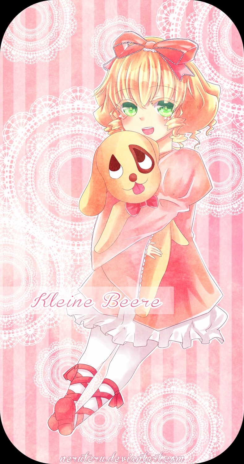 1girl blonde_hair bow dress frills green_eyes hair_ribbon hina_ichigo hinaichigo image open_mouth pantyhose red_footwear ribbon short_hair smile solo stuffed_animal teddy_bear white_legwear