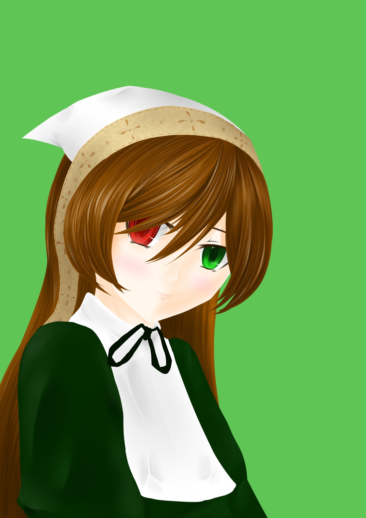 1girl black_ribbon brown_hair closed_mouth dress green_background green_dress green_eyes head_scarf heterochromia image long_hair long_sleeves looking_at_viewer red_eyes ribbon simple_background solo suiseiseki upper_body