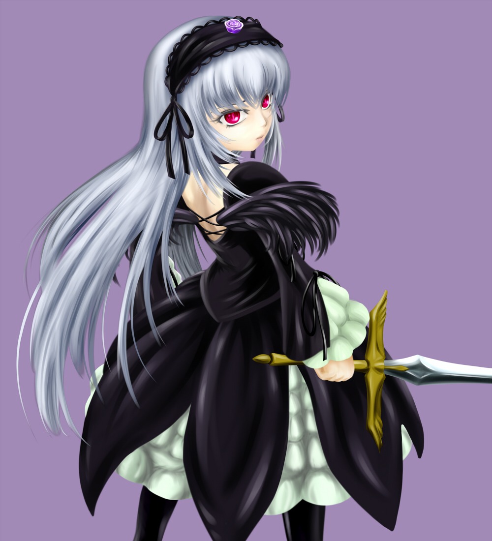 1girl auto_tagged black_dress dress frilled_sleeves frills hairband holding holding_weapon image long_hair long_sleeves looking_at_viewer pink_eyes rose silver_hair simple_background solo standing suigintou weapon wings