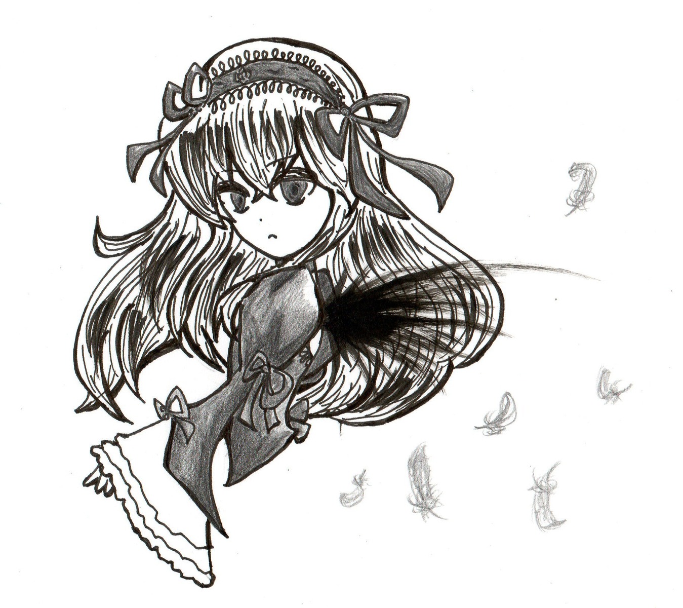 1girl bug butterfly dress feathers greyscale hairband image insect lolita_hairband long_hair long_sleeves looking_at_viewer monochrome ribbon simple_background solo suigintou traditional_media white_background wings
