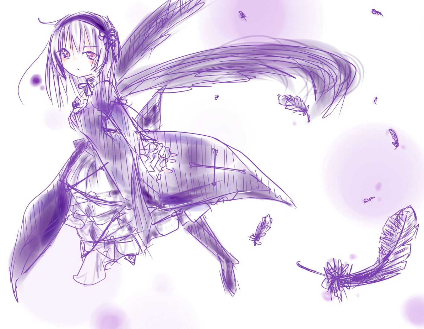 1girl auto_tagged bug butterfly dress feathers hairband image insect long_hair long_sleeves looking_at_viewer monochrome purple_theme solo striped suigintou vertical_stripes wings