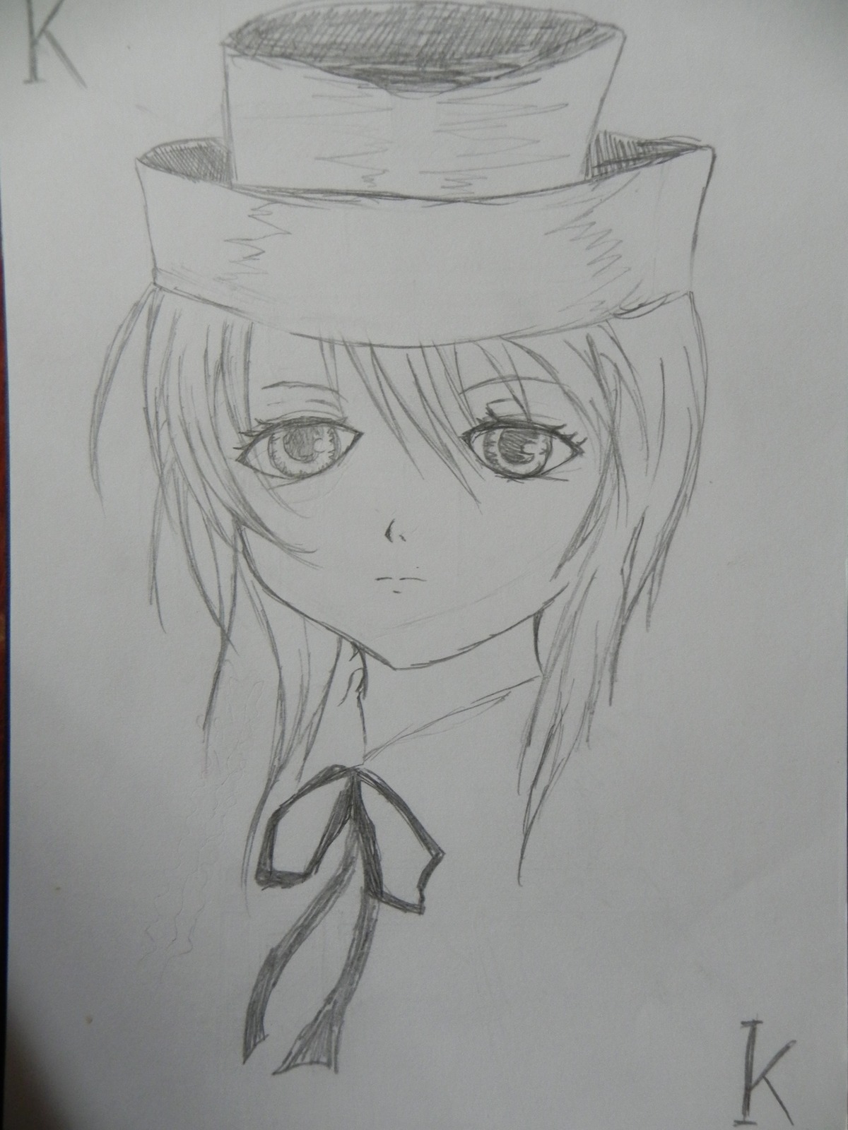 1girl face frown graphite_(medium) greyscale hat image looking_at_viewer monochrome neck_ribbon ribbon signature simple_background sketch solo souseiseki traditional_media