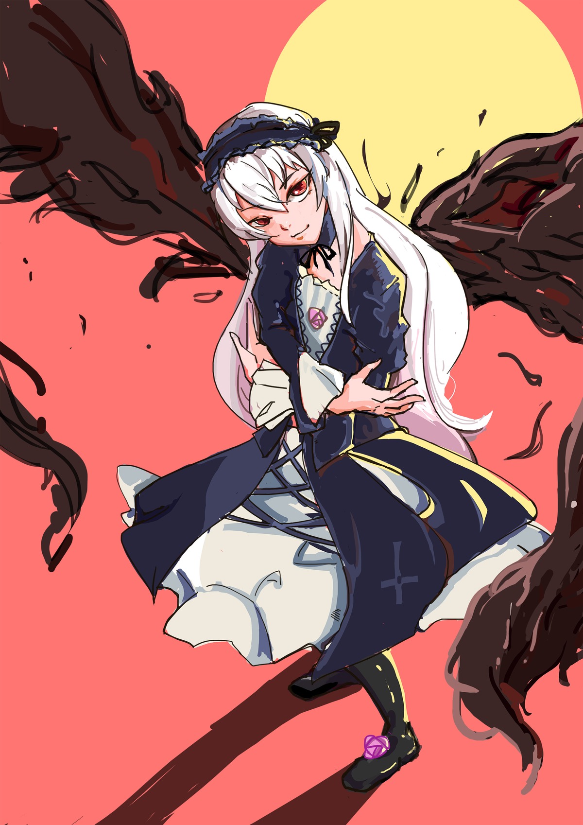 1girl bangs black_dress closed_mouth dress flower frills image long_sleeves looking_at_viewer red_background red_eyes rose smile solo suigintou white_hair wings