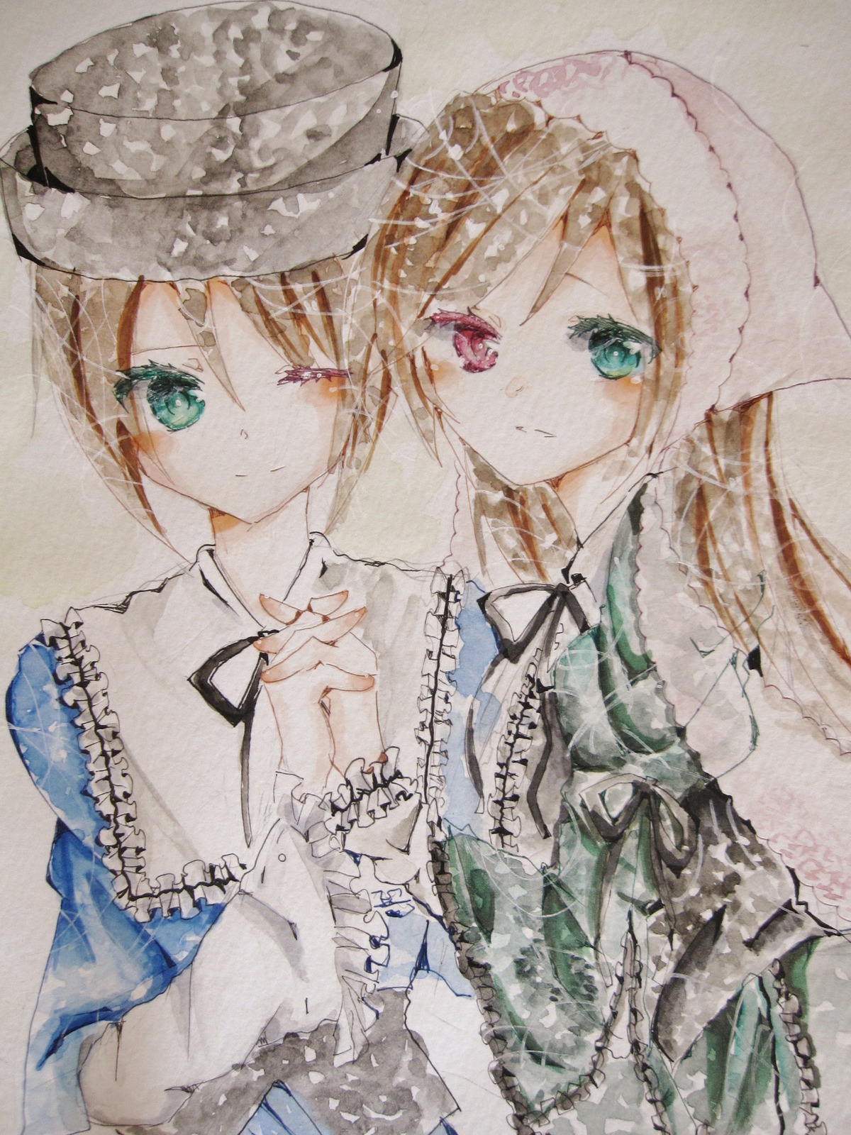 2girls brother_and_sister dress frills green_eyes hat holding_hands image kagamine_rin multiple_girls one_eye_closed pair ribbon short_hair siblings sisters smile souseiseki suiseiseki traditional_media twins watercolor_(medium)