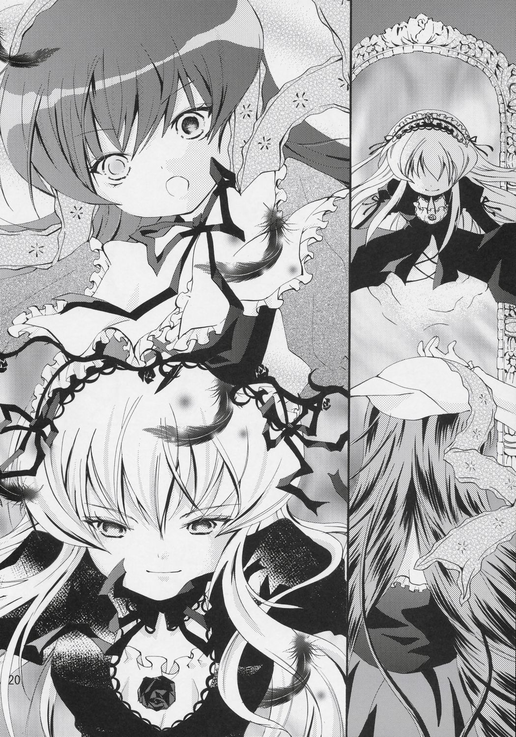 3girls comic doujinshi doujinshi_#143 dress flower frills greyscale image long_hair monochrome multiple multiple_girls suigintou