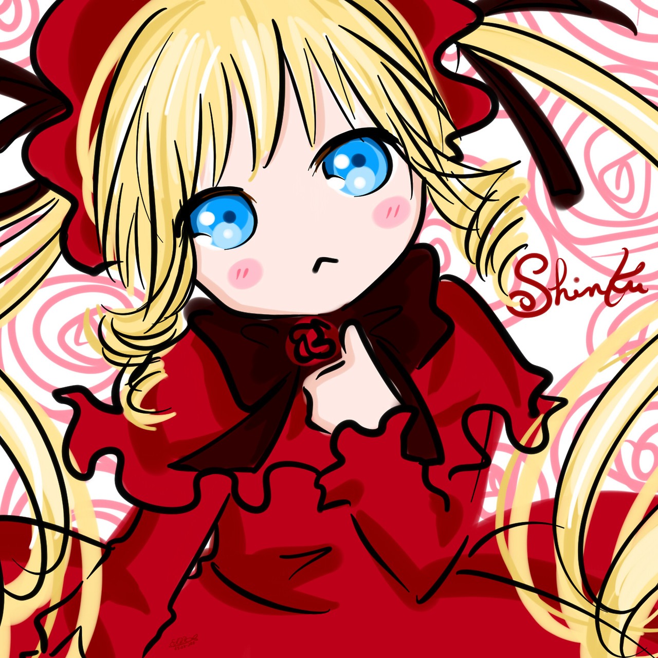 1girl auto_tagged blonde_hair blue_eyes blush blush_stickers bonnet bow chibi dress drill_hair flower image long_hair looking_at_viewer rose shinku solo twin_drills twintails