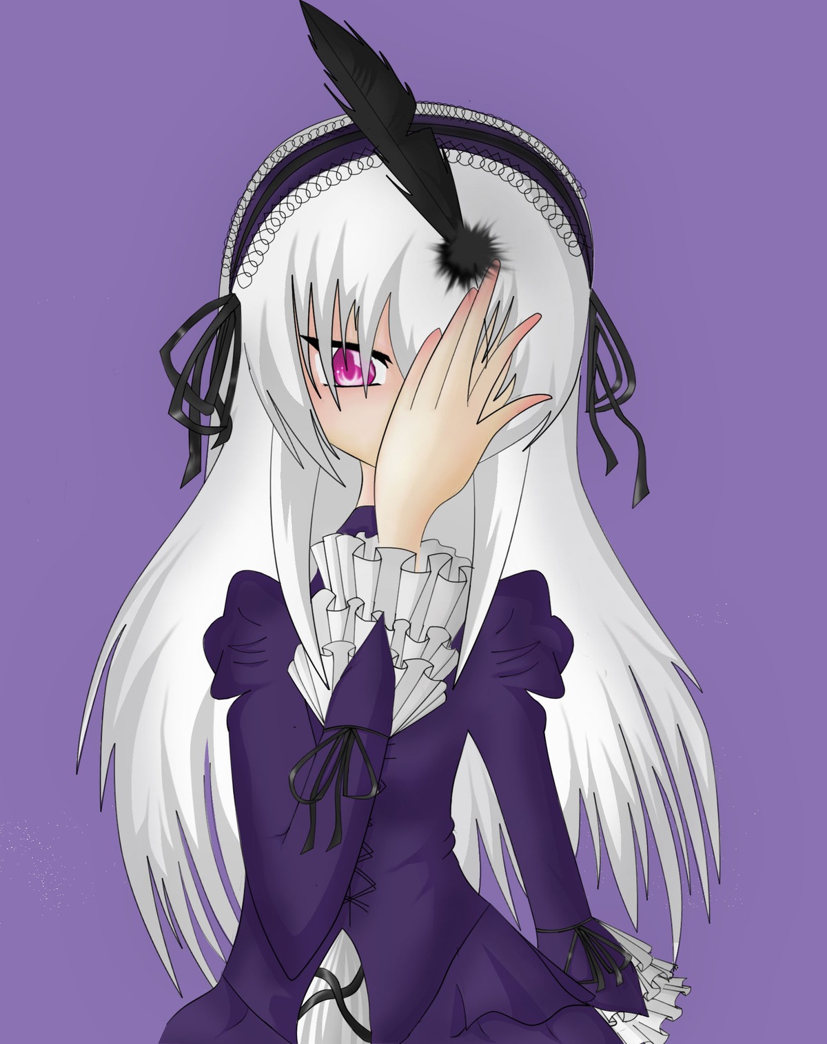 1girl black_wings covering_face dress frills hairband image long_hair long_sleeves looking_at_viewer pink_eyes purple_background ribbon silver_hair simple_background solo suigintou very_long_hair wings