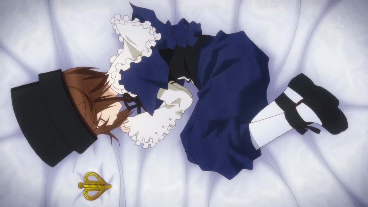 1girl brown_hair capelet closed_eyes dress frills hat image long_sleeves lying on_side ribbon shoes short_hair sleeping solo souseiseki white_legwear