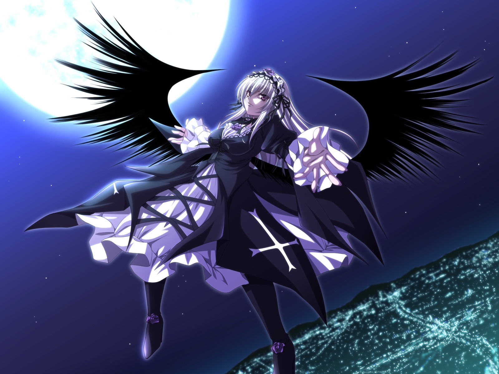 1girl black_dress black_wings breasts chozuru city commentary_request dress flower frills full_moon gothic_lolita hairband highres image lolita_fashion lolita_hairband long_hair long_sleeves md5_mismatch medium_breasts moon night photoshop_(medium) purple_eyes resolution_mismatch rose rozen_maiden silver_hair sky solo source_smaller star_(symbol) suigintou wings