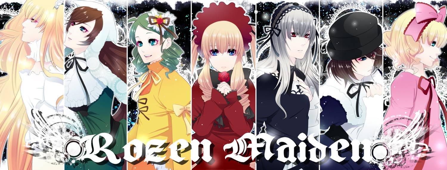 6+girls blonde_hair blue_eyes bonnet bow dress drill_hair flower frills green_hair hairband hat heterochromia hina_ichigo image kanaria long_hair long_sleeves looking_at_viewer multiple multiple_girls pink_bow red_eyes ribbon shinku silver_hair smile souseiseki suigintou suiseiseki tagme