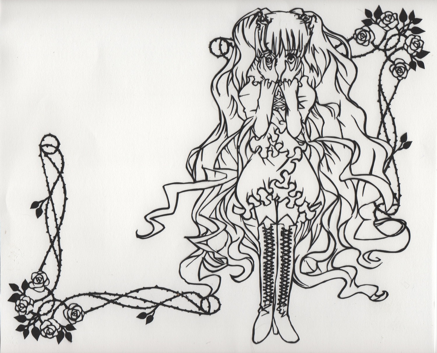 1girl boots cross-laced_footwear dress flower frills greyscale hair_ornament image kirakishou knee_boots lineart long_hair monochrome rose solo thigh_boots thighhighs thorns two_side_up very_long_hair vines