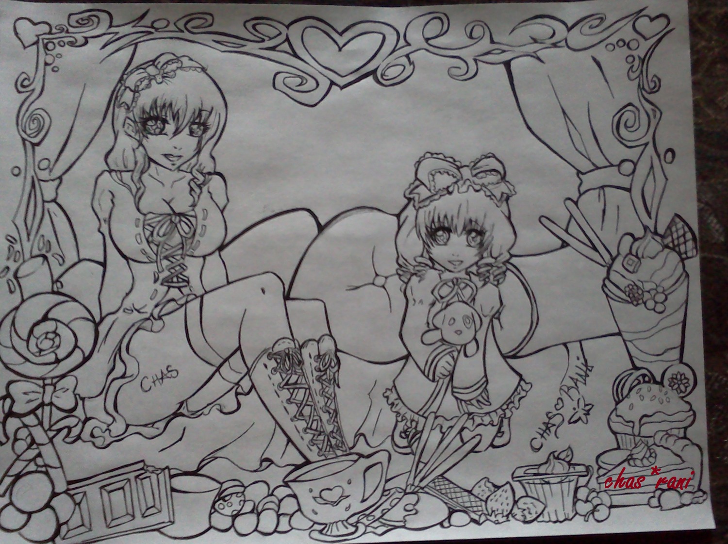 2girls breasts dress frills hair_ornament hinaichigo image monochrome multiple_girls short_hair sitting solo traditional_media