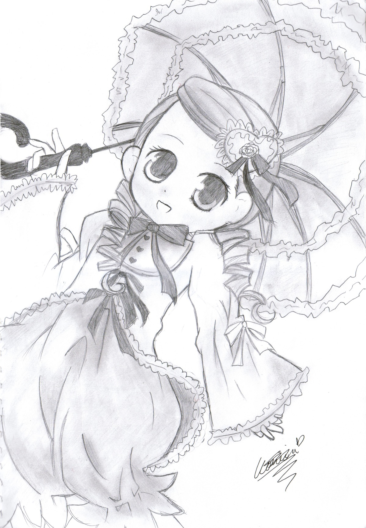 1girl :d dress drill_hair frills greyscale hair_ornament holding holding_umbrella image kanaria long_sleeves looking_at_viewer monochrome open_mouth parasol shared_umbrella signature simple_background smile solo traditional_media twin_drills umbrella white_background