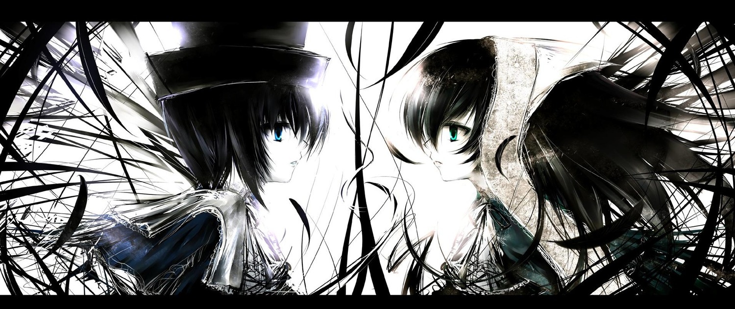 2girls black_hair black_rock_shooter_(character) blue_eyes coat dead_master from_side image letterboxed long_hair multiple_girls pair pale_skin profile souseiseki suiseiseki twintails