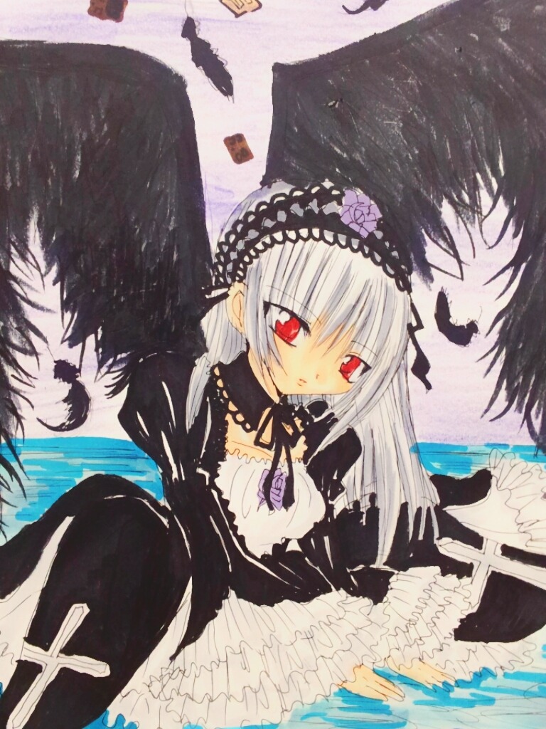 1girl black_wings dress feathers flower frills hairband image long_hair long_sleeves looking_at_viewer red_eyes ribbon rose silver_hair solo suigintou water wings