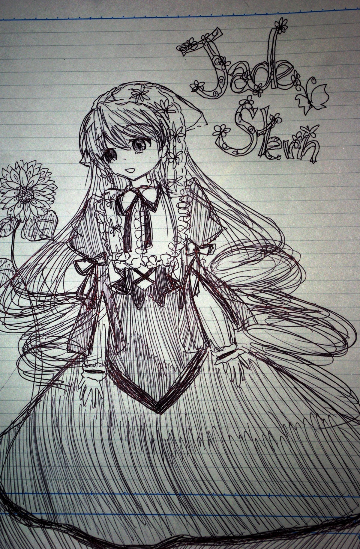 1girl blush dress flower image long_hair long_sleeves looking_at_viewer monochrome sketch smile solo suiseiseki very_long_hair