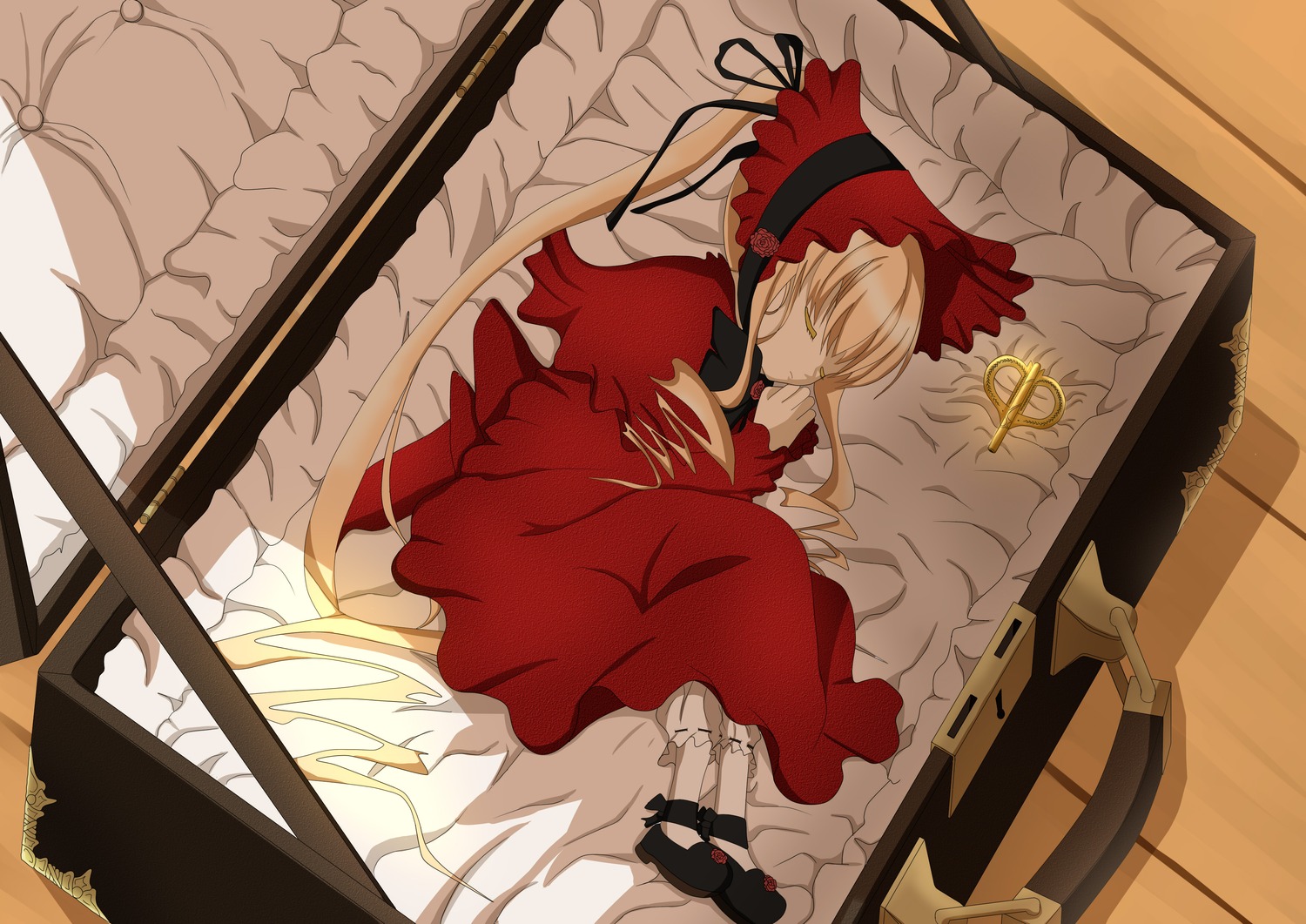 1girl auto_tagged blonde_hair closed_eyes dress image lying red_dress ribbon shinku shoes sleeping solo