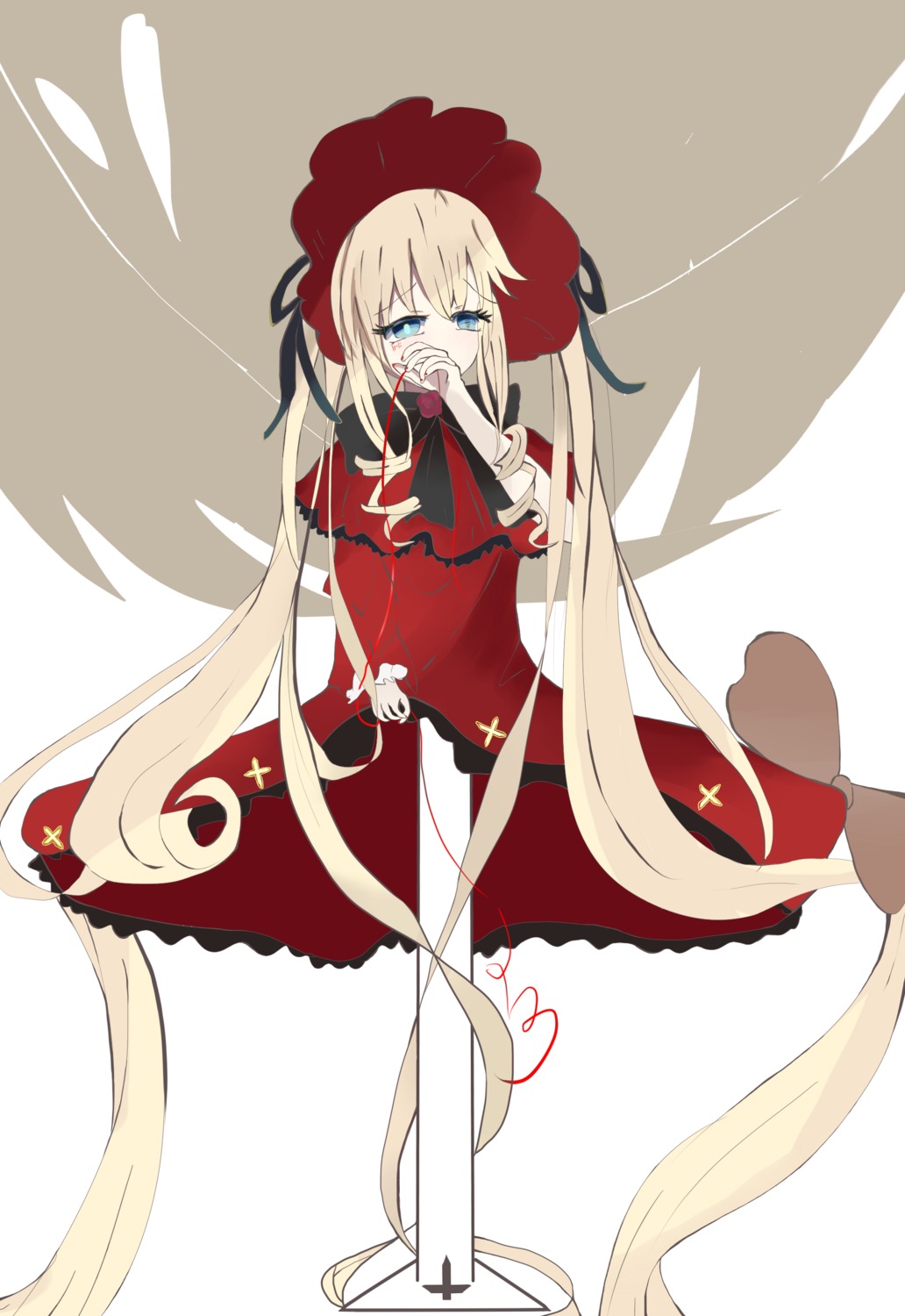 1girl blonde_hair blue_eyes blush bow capelet covering_mouth dress image long_hair long_sleeves pantyhose red_dress shinku solo striped striped_background twintails vertical_stripes very_long_hair