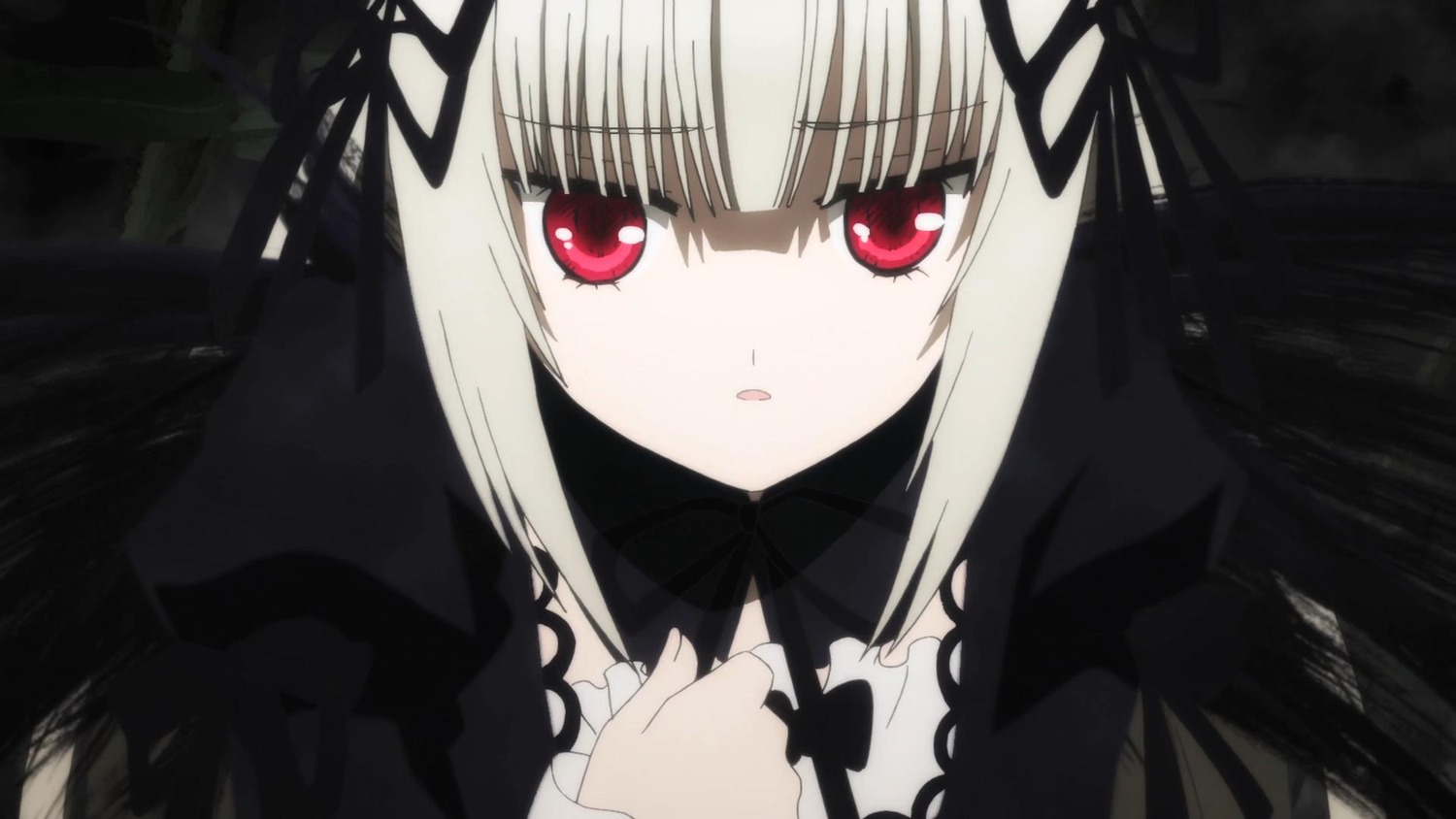 1girl bangs black_ribbon dress eyebrows_visible_through_hair hair_ribbon image long_hair long_sleeves looking_at_viewer red_eyes ribbon solo suigintou