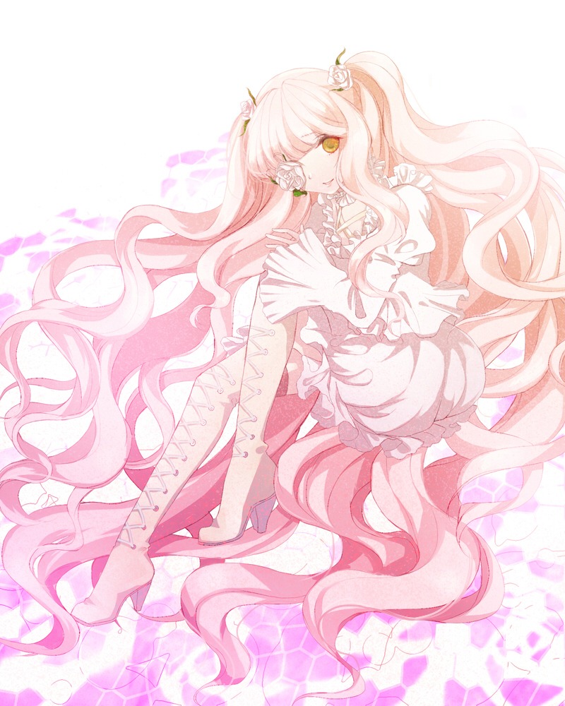 1girl boots cross-laced_footwear dress flower frills hair_flower hair_ornament image kirakishou long_hair pink_hair rose sitting solo thigh_boots thorns two_side_up ultimate_madoka very_long_hair wavy_hair yellow_eyes