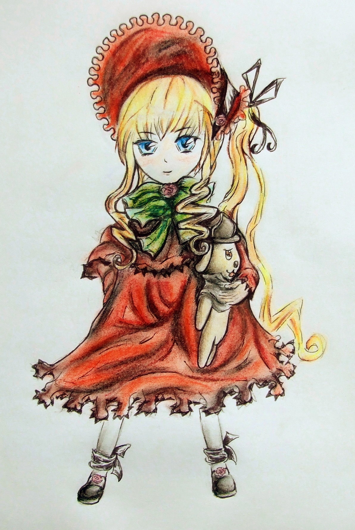 1girl blonde_hair blue_eyes blush bonnet bow bowtie dress full_body green_bow green_neckwear image long_hair long_sleeves looking_at_viewer marker_(medium) red_dress shinku solo standing traditional_media twintails