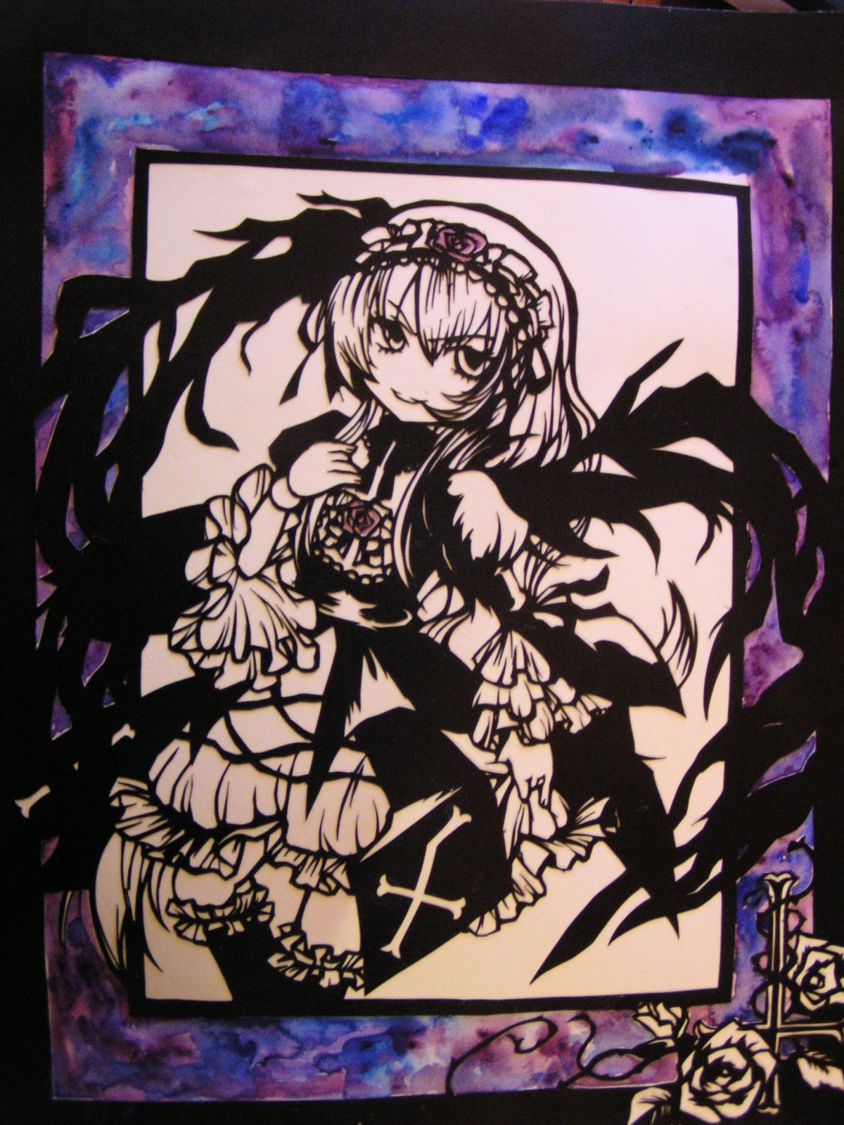 1girl dress flower frills hairband image lolita_hairband long_hair long_sleeves looking_at_viewer marker_(medium) rose smile solo suigintou traditional_media wings