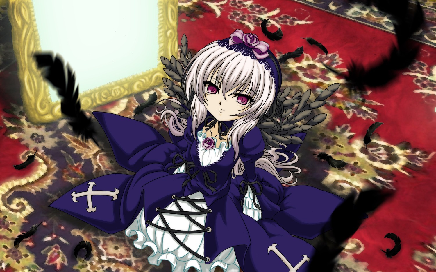 1girl brooch dress feathers frills hairband image long_hair long_sleeves looking_at_viewer pink_eyes silver_hair solo suigintou wings