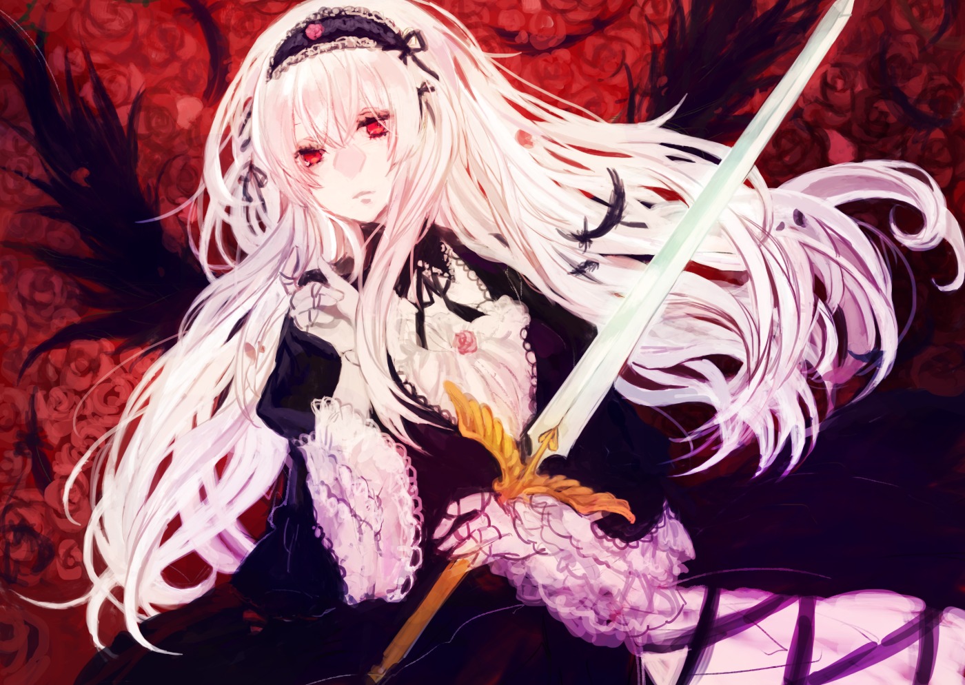 1girl black_wings dress flower frilled_sleeves frills hairband holding image long_hair long_sleeves looking_at_viewer red_eyes red_flower red_rose ribbon rose solo suigintou sword very_long_hair weapon white_hair wings
