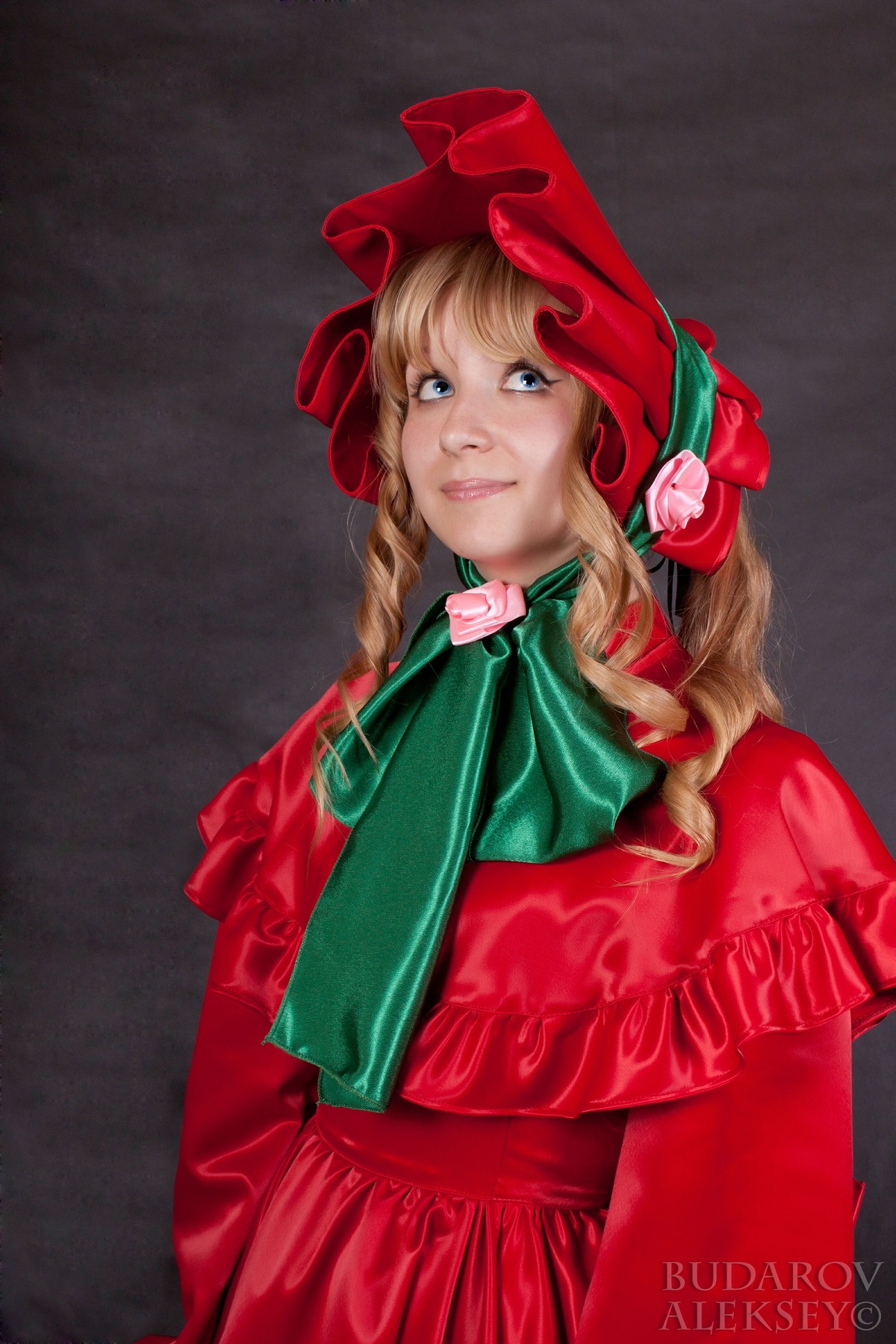 1girl blonde_hair blue_eyes bonnet dress flower lips long_hair looking_at_viewer photo red_dress rose shinku solo traditional_media