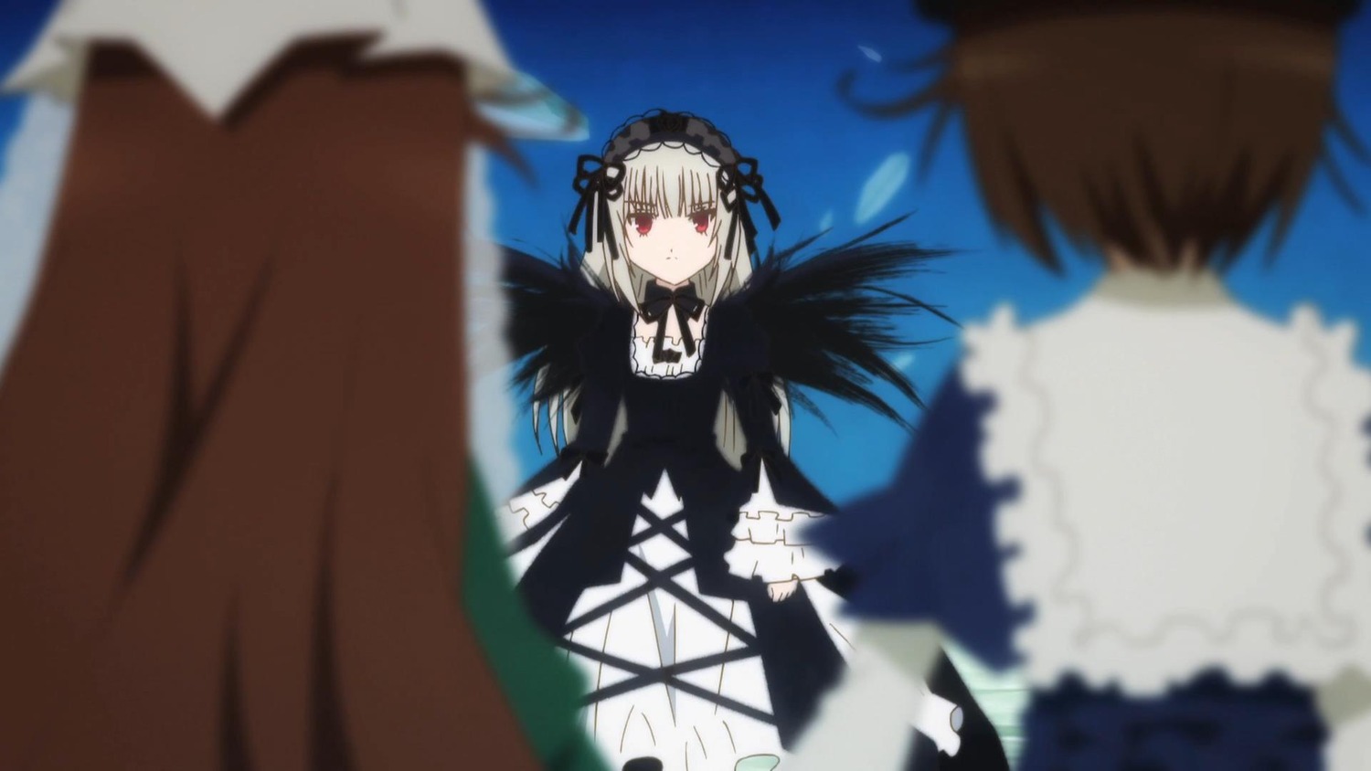 1boy 2girls black_dress black_wings blurry blurry_background blurry_foreground brown_hair depth_of_field dress frills gothic_lolita hairband image lolita_fashion lolita_hairband long_hair long_sleeves motion_blur multiple multiple_girls red_eyes ribbon silver_hair suigintou tagme wings