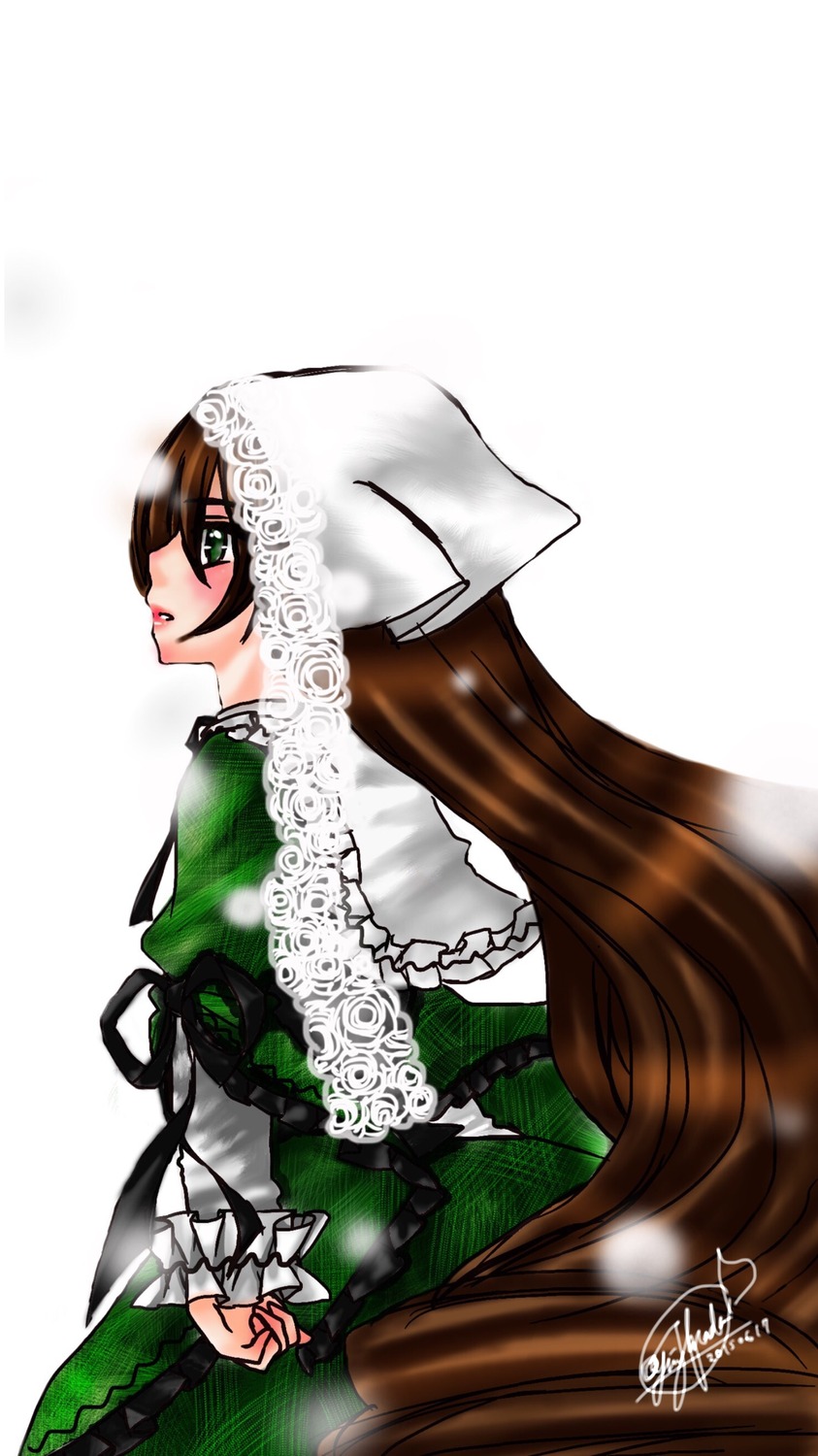 1girl brown_hair dress frills green_dress green_eyes image long_hair long_sleeves looking_at_viewer signature solo suiseiseki very_long_hair