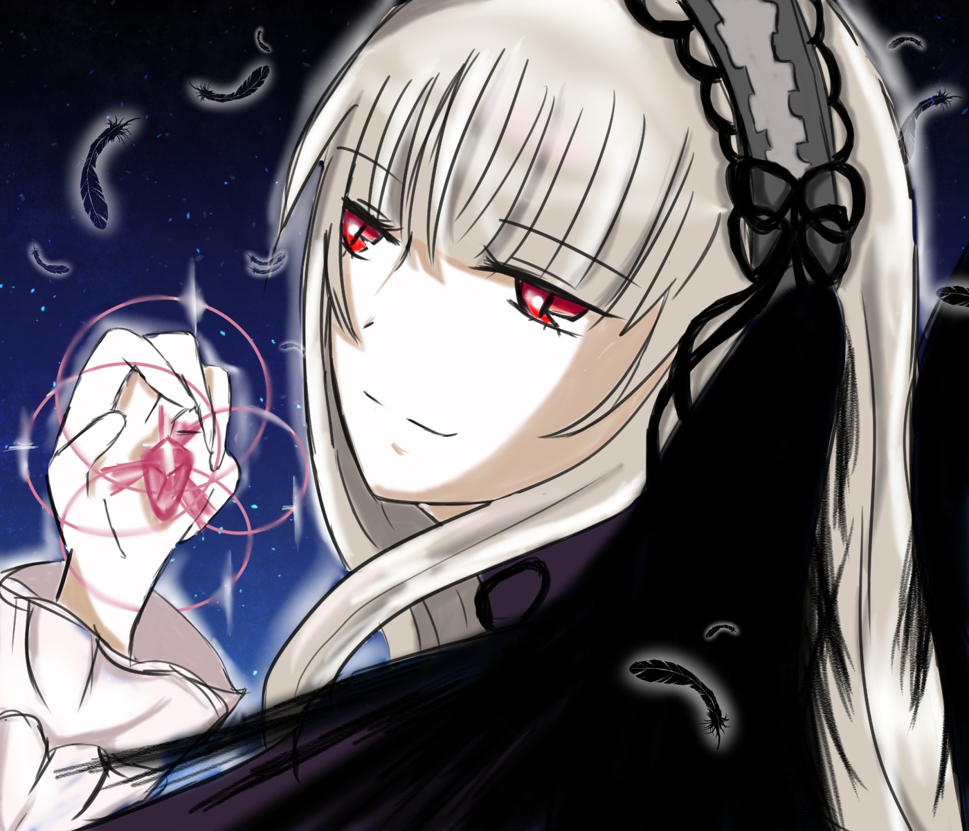 1girl bangs bird black_feathers black_wings closed_mouth dress eyebrows_visible_through_hair feathered_wings feathers flower frills hairband image long_hair long_sleeves looking_at_viewer red_eyes rose silver_hair smile solo suigintou white_feathers wings