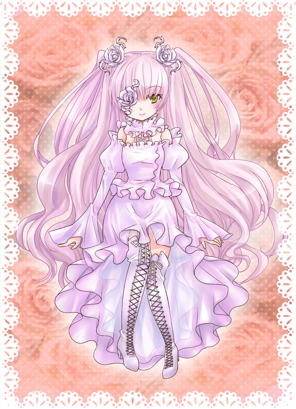 1girl blush boots commentary_request cross-laced_footwear dress eyepatch flower frills full_body hair_flower hair_ornament highres image kirakishou knee_boots long_hair ogakuru pink_dress pink_flower pink_footwear pink_hair pink_rose rose rozen_maiden smile solo thigh_boots thighhighs twintails two_side_up very_long_hair white_flower white_footwear white_rose yellow_eyes