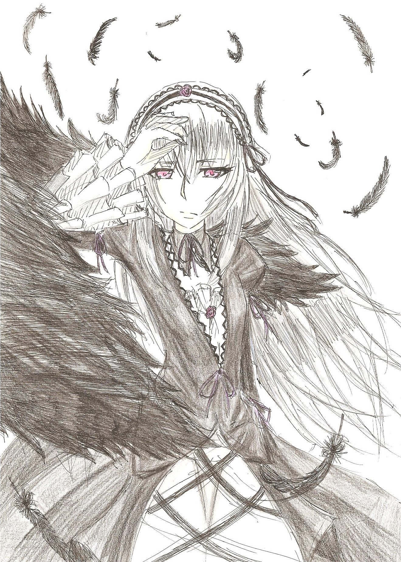 1girl bird black_feathers dress feathered_wings feathers frilled_sleeves frills greyscale hairband image long_hair long_sleeves looking_at_viewer monochrome solo suigintou traditional_media wings