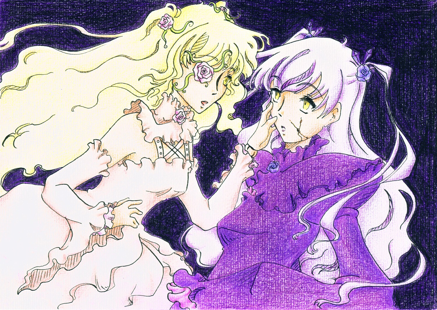 2girls barasuishou dress flower hair_flower hair_ornament image kirakishou long_hair multiple_girls pair purple_dress traditional_media two_side_up very_long_hair watercolor_(medium) yellow_eyes