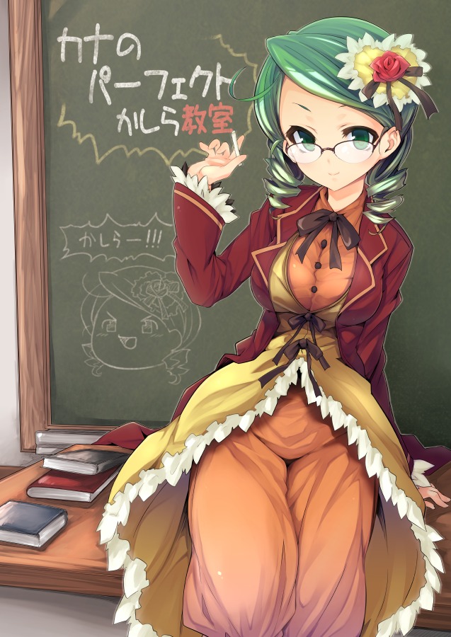 1girl bespectacled blush book breasts chalkboard commentary_request desk dress flower glasses green_eyes green_hair hair_ornament image kanaria long_sleeves looking_at_viewer medium_breasts overskirt rose rozen_maiden sitting smile solo tousen translated yukkuri_shiteitte_ne