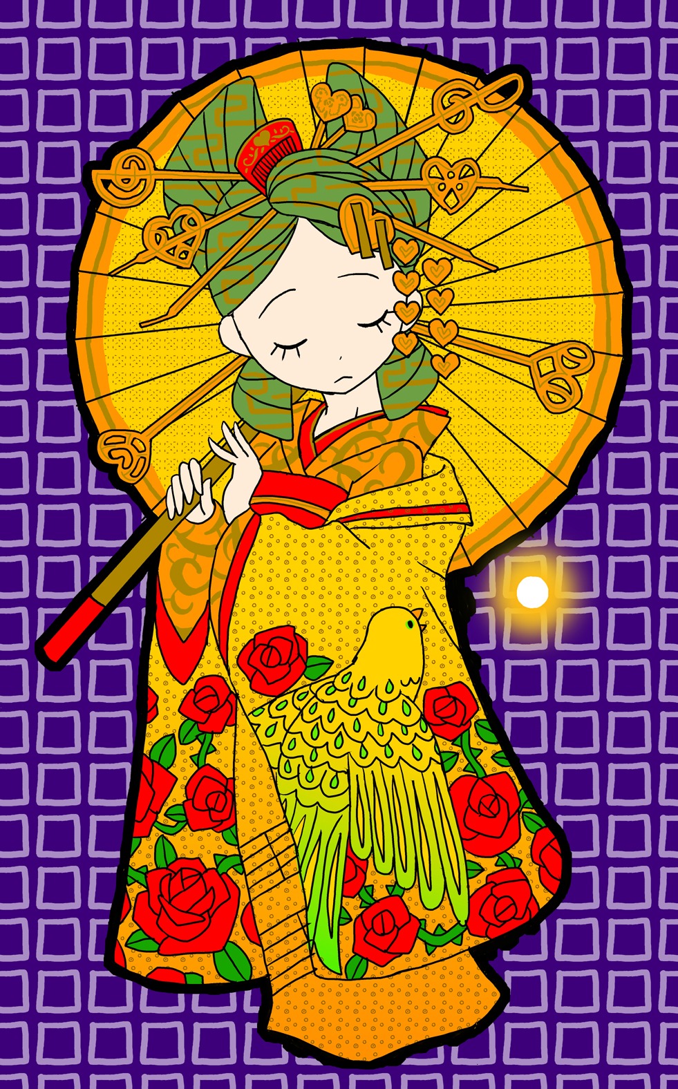 1girl closed_eyes flower honeycomb_(pattern) image japanese_clothes kanaria kimono red_flower red_rose rose solo umbrella yellow_flower yellow_rose
